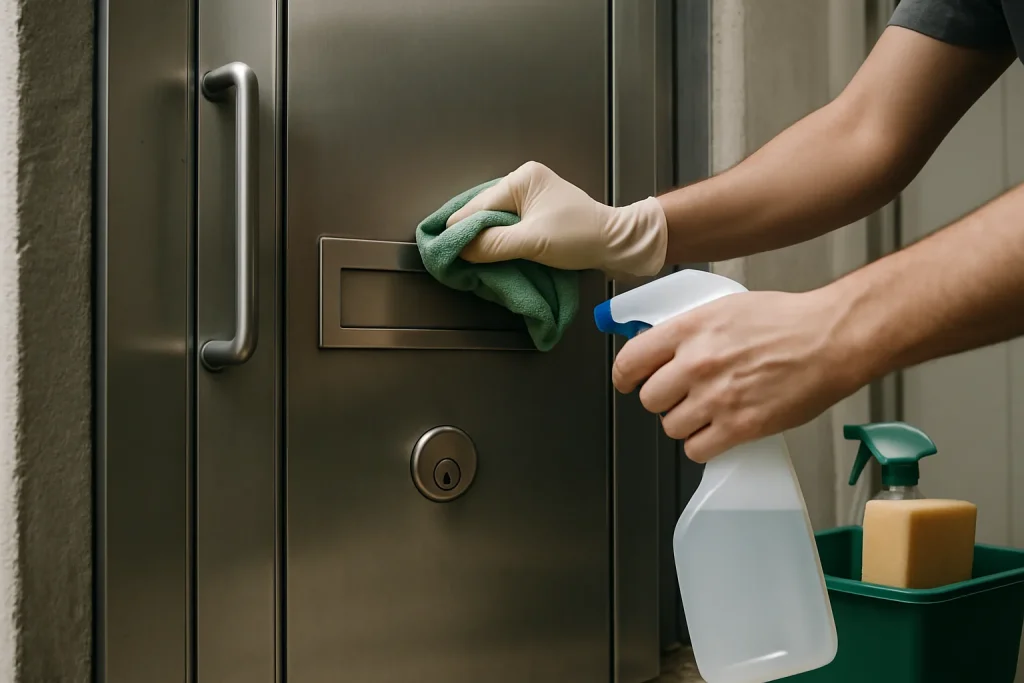 Mains nettoyant une porte d'entrée après une intervention Diogène, outils visibles.