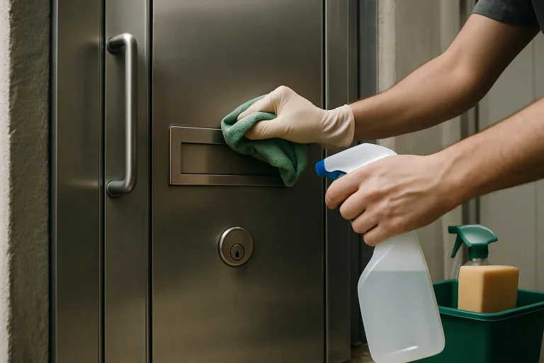 Mains nettoyant une porte d'entrée après une intervention Diogène, outils visibles.