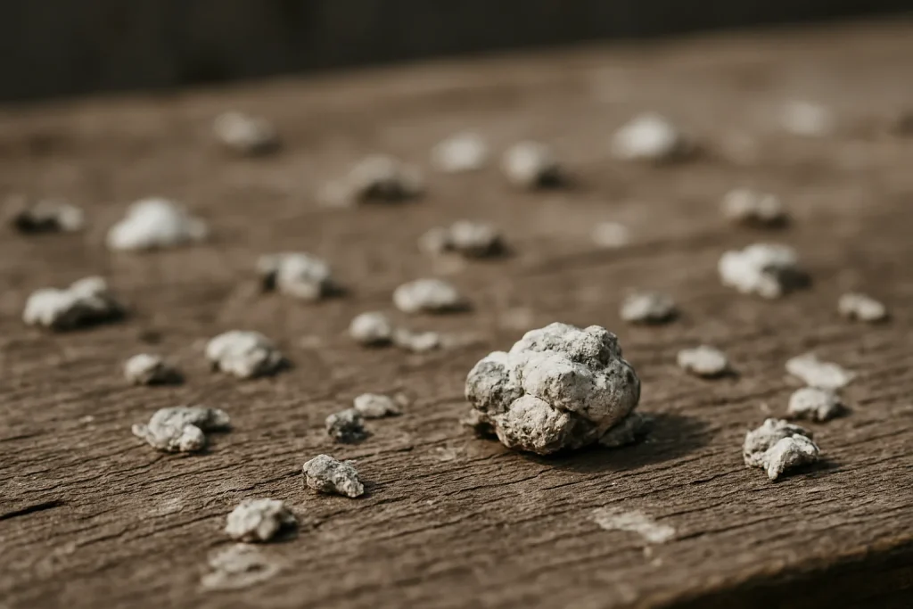 Gros plan d'une surface en bois avec des fientes de pigeons, montrant la texture du bois.