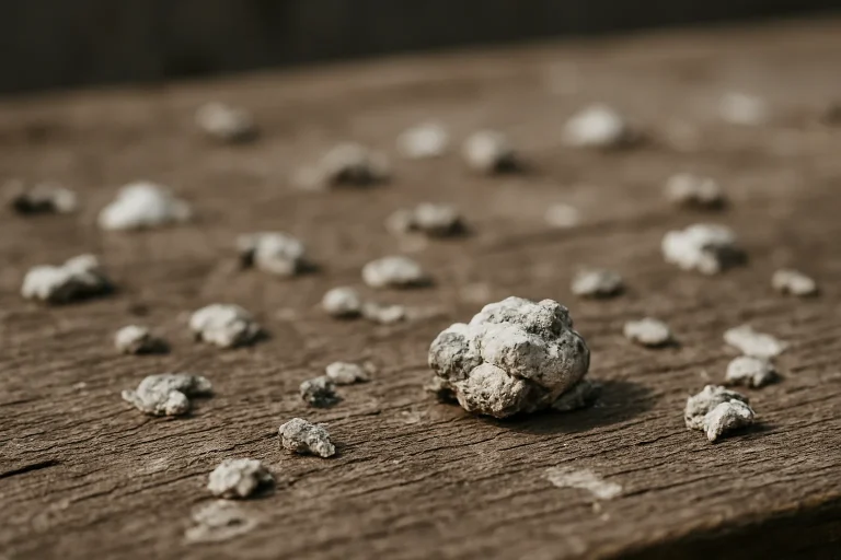 Gros plan d'une surface en bois avec des fientes de pigeons, montrant la texture du bois.