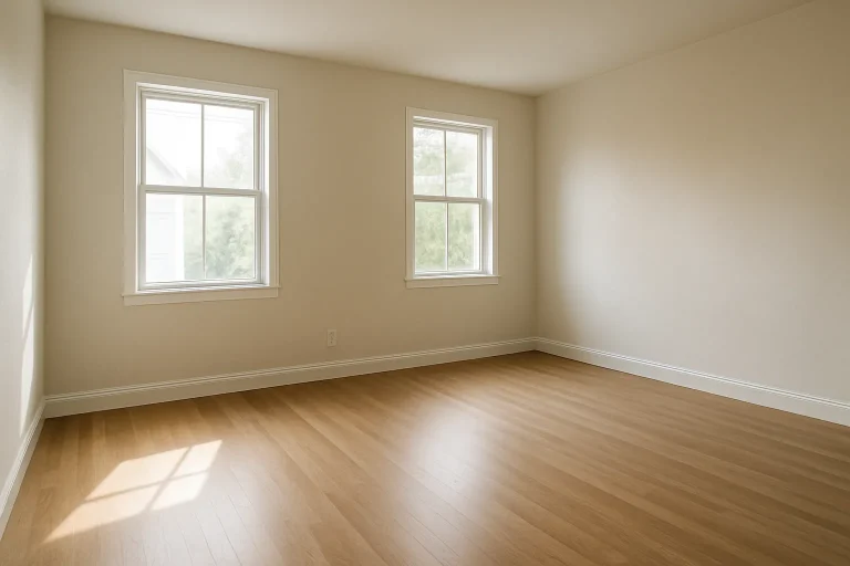 Pièce vide avec parquet propre, lumière douce à travers les fenêtres