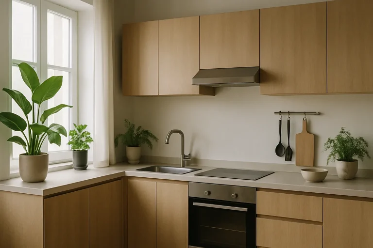 Cuisine moderne avec plantes vertes et lumière naturelle mettant en avant un intérieur sain.