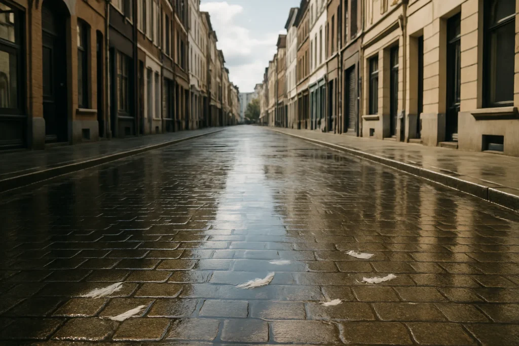 Rue pavée urbaine humide après nettoyage, plumes de pigeons éparpillées.