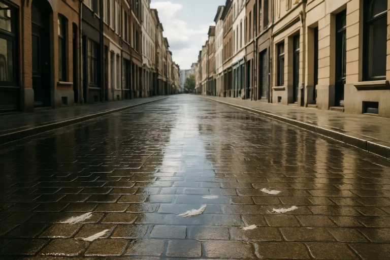 Rue pavée urbaine humide après nettoyage, plumes de pigeons éparpillées.