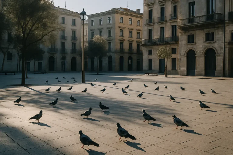 Place urbaine avec pigeons sous la lumière du matin, bâtiments anciens visibles.