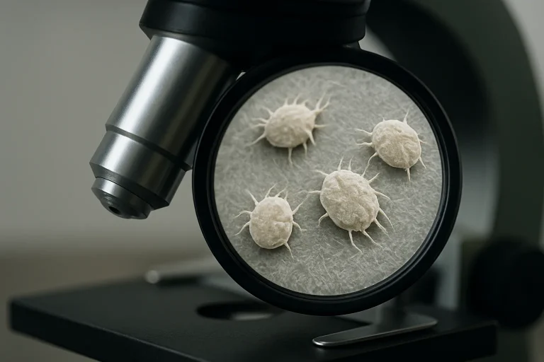 Image au microscope d'acariens de la gale, détail sur leur structure.