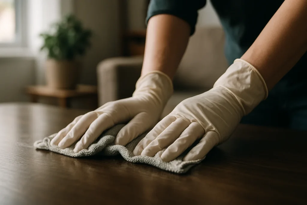 Mains gantées nettoyant une surface en bois sombre, éléments domestiques flous en arrière-plan