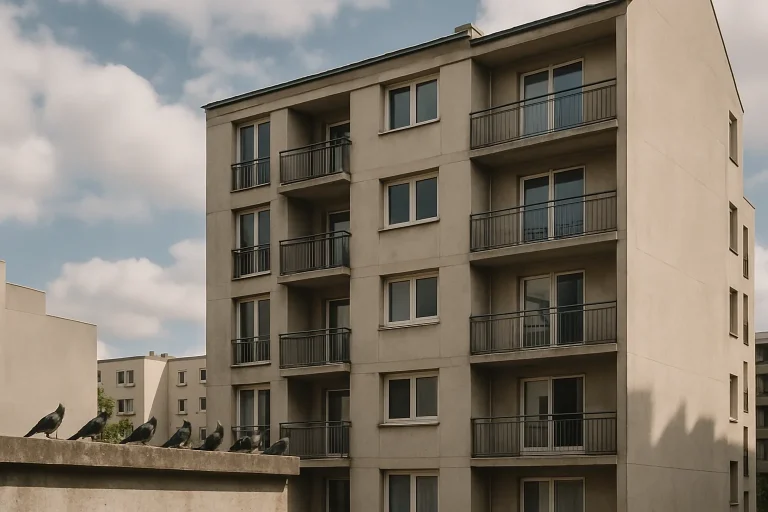 Façade d'un immeuble en copropriété avec pigeons perchés sur un rebord.