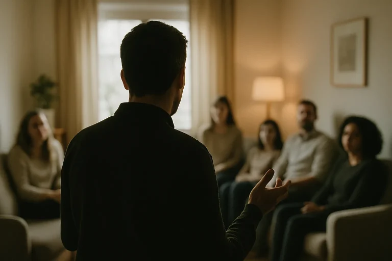 Silhouette de dos en discussion avec un groupe dans un salon, ambiance chaleureuse.