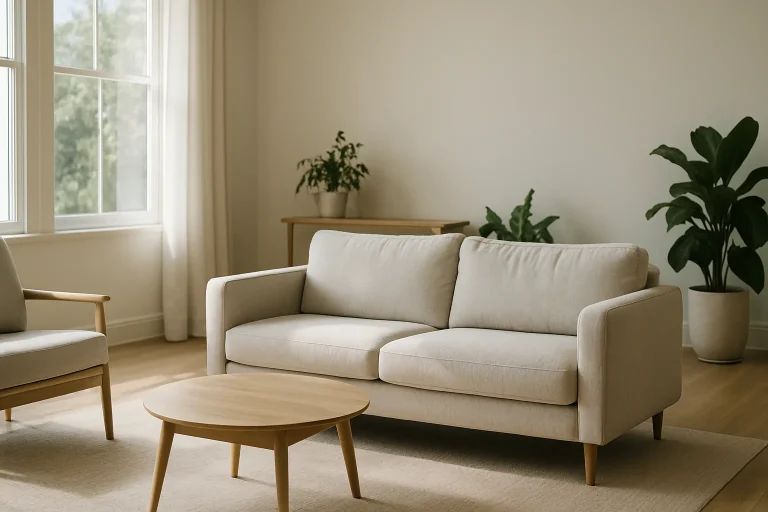 Salon minimaliste avec lumière naturelle, plantes et mobilier simple, symbolisant une propriété habitable après nettoyage.