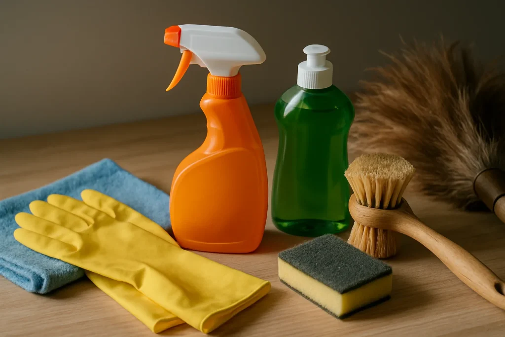 Ensemble d'outils de nettoyage variés sur une table, sous un éclairage naturel.