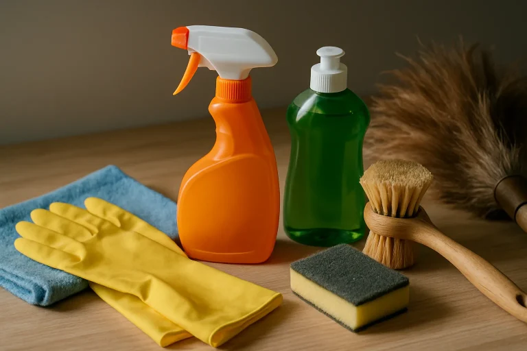 Ensemble d'outils de nettoyage variés sur une table, sous un éclairage naturel.