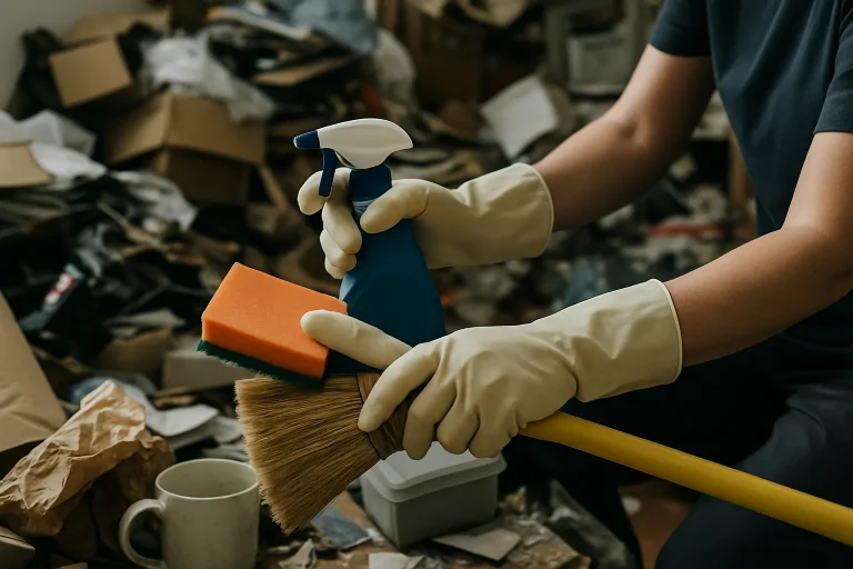 Mains gantées utilisant des outils de nettoyage dans un espace encombré, lumière neutre.