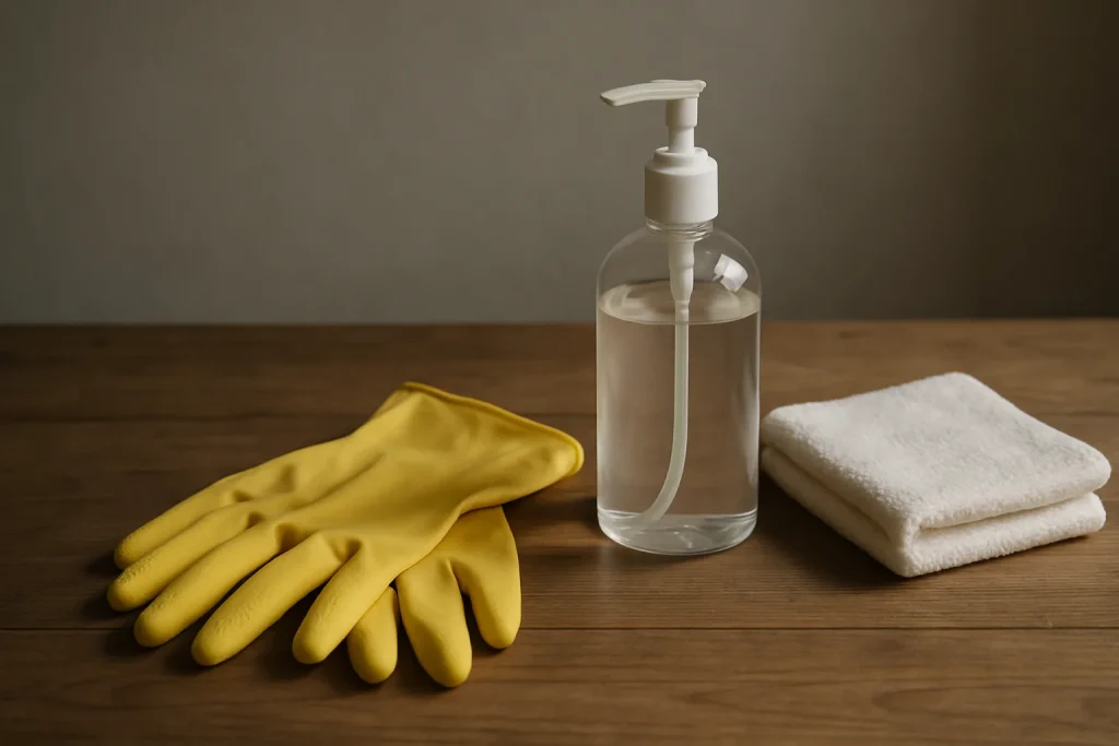 Gants en caoutchouc, flacon désinfectant et serviette sur une table en bois.